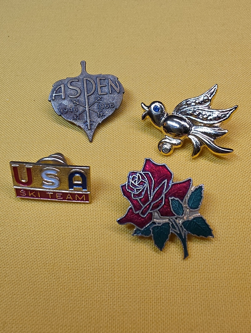 Vtg 4pc Lapel Pin Lot • Aspen Skiing 1946-1966 • Rose ▪︎ Bird ▪︎ USA SKI TEAM